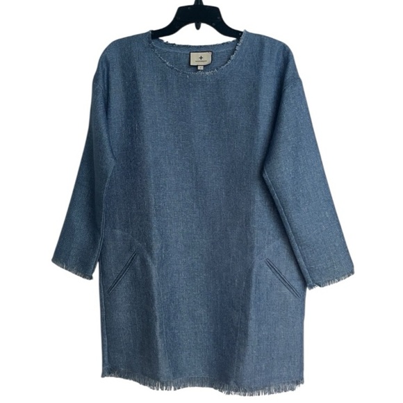 Tuckernuck Chambray Linen Fringe Shift Dress, Size Small - Picture 4 of 10